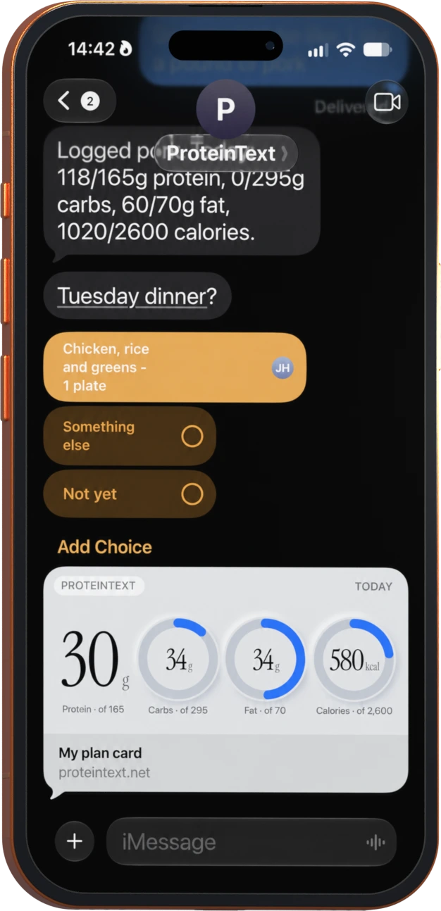 Orange iPhone turned toward the signup form, showing a ProteinText meal poll and daily nutrition card